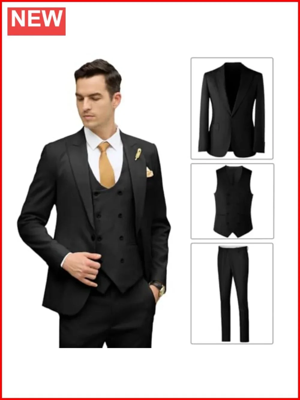 Men's 3 Piece Double Breasted Slim Fit Suit Formal Wedding Tuxedo